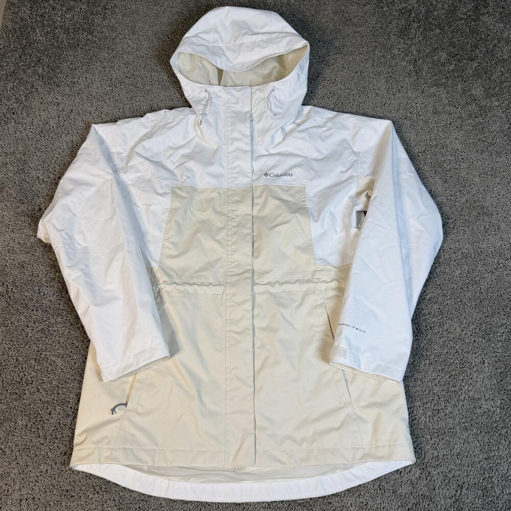 Columbia Jacket Womens L White Rain Coat Hooded Lined Pockets Omni-Tech